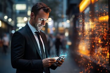 Businessman engaging in chat with ai bot on smartphone for prominent ai technology display