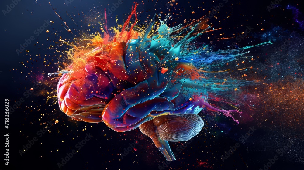Aufkleber exploding colors in a dynamic digital artwork of a human brain