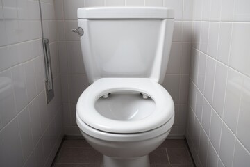 Hygienic Flushing: Closeup View of White Toilet Bowl with Running Water in Home Bathroom 