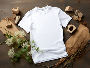 A 3d blank realistic mockup of a white t-shirt, lying on a wooden floor with flowers, coffee grounds, twigs, and aesthetic wood pieces. Created with Generative AI.