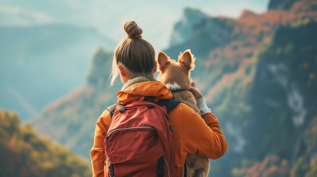 mountain view background and back side of tourist woman. she's traveling with dog. they are best friend. she's holding a dog at view point at mountain. morning light and bokeh,
