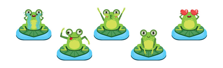 Cute Green Frog Character as Croaking Swamp Animal Sit on Pad Vector Set