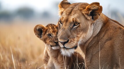 Obraz premium Lions Standing on Top of Dry Grass Field