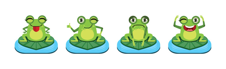 Cute Green Frog Character as Croaking Swamp Animal Sit on Pad Vector Set