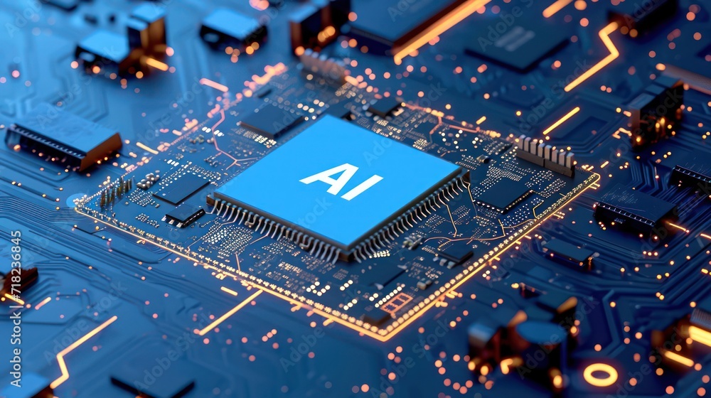 Poster motherboard circuit displaying a central chip with the logo 'ai' (artificial intelligence) at its co