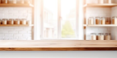 Wooden table with shelf in cafe, blurred background with bokeh lights, empty counter in white room for mockup or template