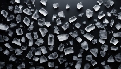 Scattered ice cubes on dark surface