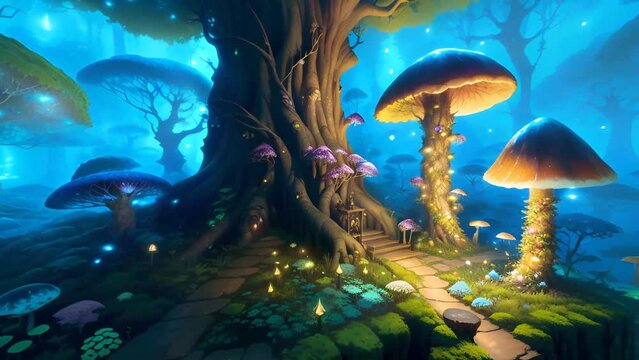 equirectangular surreal fantasy forest mushrooms 360 degree HDRI map
