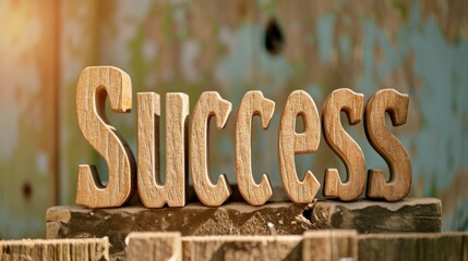 Wooden Teak Success concept creative horizontal art poster. Photorealistic textured word Success on artistic background. Horizontal Illustration. Ai Generated Achievement and Victory Symbol.