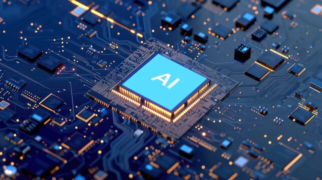 A motherboard circuit featuring a central chip adorned with the logo of two letters, 'AI,' at its center