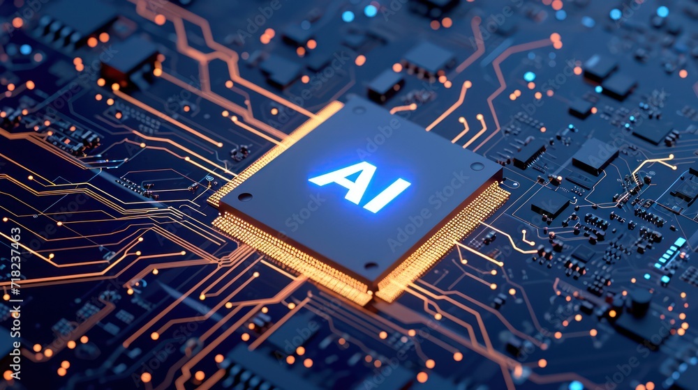 Poster motherboard circuit displaying a central chip with the logo 'ai' (artificial intelligence) at its co