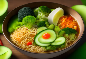 A delicious South Korean ramen dish with noodles and broccoli. Generative AI