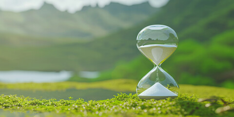 Hourglass in front of a nature background, spring and vacation atmosphere, time passing,...