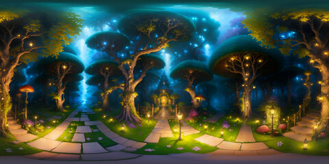 equirectangular surreal fantasy forest mushrooms 360 degree HDRI map - obrazy, fototapety, plakaty