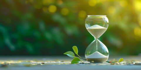 Hourglass in front of a nature background, spring and vacation atmosphere, time passing, environmental issues, responsible environmental dates, Ecological concept