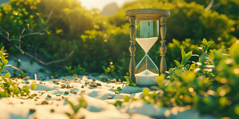 Hourglass in front of a nature background, spring and vacation atmosphere, time passing,...