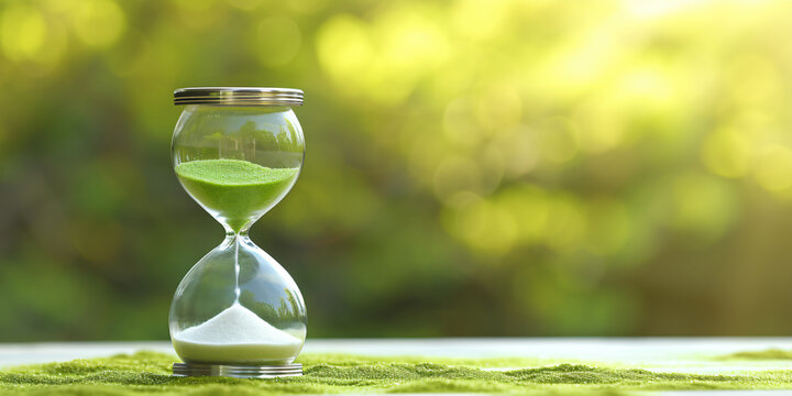 Hourglass in front of a nature background, spring and vacation atmosphere, time passing, environmental issues, responsible environmental dates, Ecological concept
