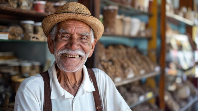 Smiling old caribbean man selling cigars at his tobacco shop