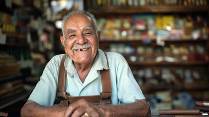 Obraz premium Smiling old caribbean man selling cigars at his tobacco shop