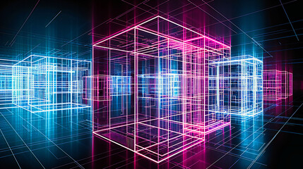 Futuristic Cyberspace Concept, Abstract Digital Network, Blue Tech Grid, Modern Technological Background