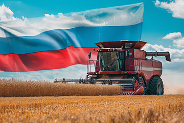Obraz premium Combine harvester harvests crops against the background of the Russian flag
