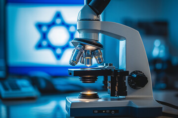 Microscope against the background of the Israel flag.