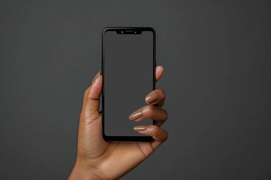 Experience the power of connectivity with this striking image featuring an African American woman's hand holding a new cellphone mockup