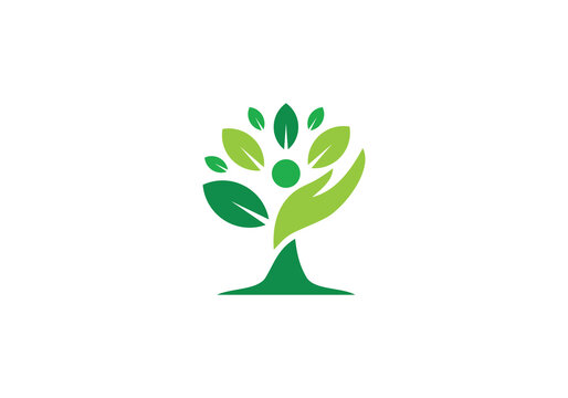 hand tree logo design, care plant green leaves symbol icon template