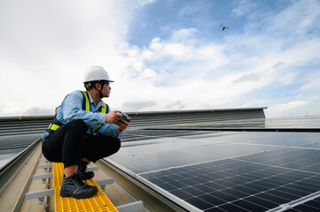 Energy Engineer using Drone Technology for inspection work of Solar Panel installation,...