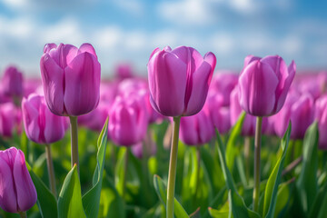 Obraz premium Purple tulips grow on the field