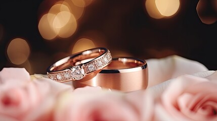 Wedding rings with roses and copy space.
