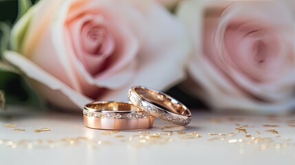 Wedding rings with roses and copy space.