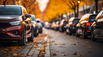 Row of cars parked in a row on a city street in autumn. Automobile parking area.