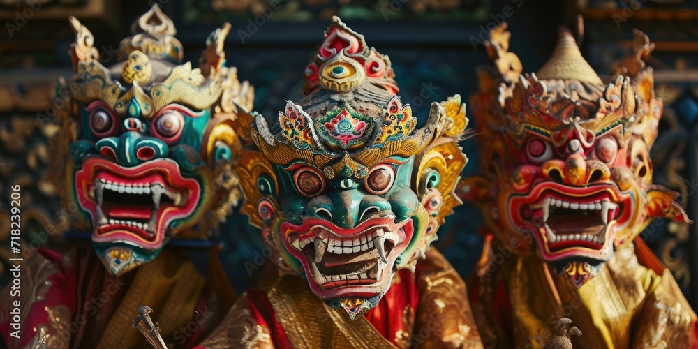 Poster Three colorful masks sitting next to each other. Suitable for various occasions and events