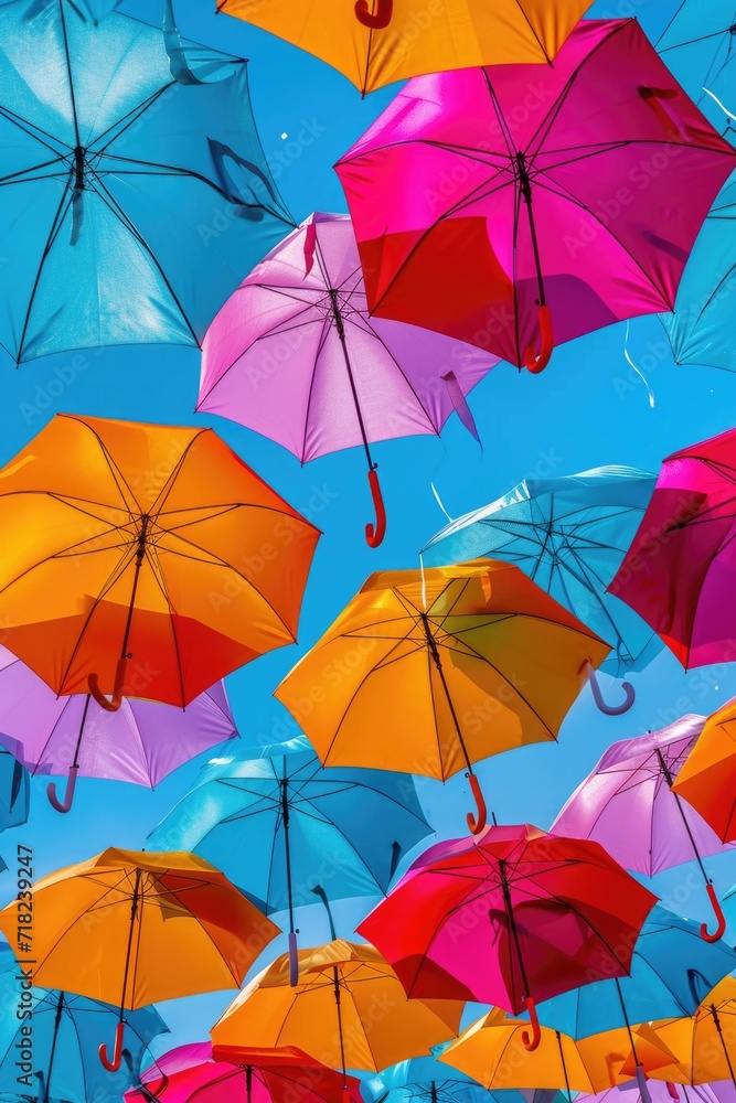 Poster Colorful umbrellas floating in the air, creating a vibrant and whimsical scene. Perfect for adding a touch of joy and creativity to any project
