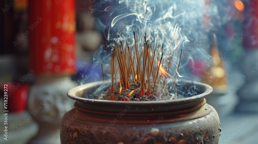 Poster incense sticks in a pot emitting smoke. ideal for creating a tranquil and aromatic atmosphere