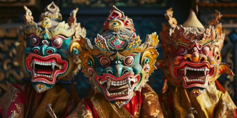 Three colorful masks sitting next to each other. Suitable for various occasions and events