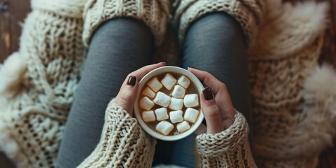 Woman holding a cup of hot chocolate with marshmallows. Suitable for cozy winter-themed designs and advertisements