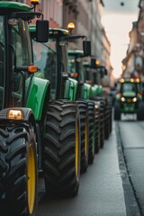 Row of tractors on a city street, farmers protest against the government. - obrazy, fototapety, plakaty