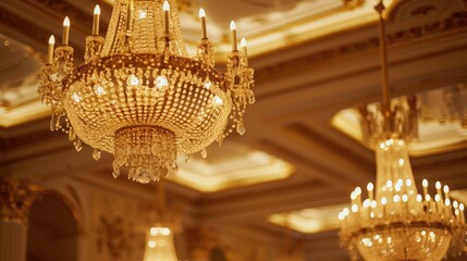 Obraz premium A chandelier with numerous lights illuminating a room. Can be used to add elegance and brightness to any space