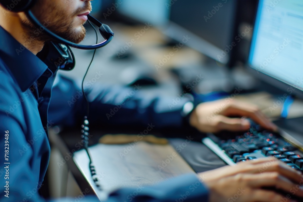 Aufkleber A man wearing a headset while using a computer. Suitable for technology and communication concepts