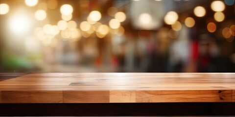 Blurry background with bokeh lighting, featuring a wooden table for product display near a grocery...