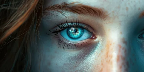 Foto op Aluminium A detailed close up of a woman's blue eye. Can be used in beauty, healthcare, or eye-related designs © Fotograf