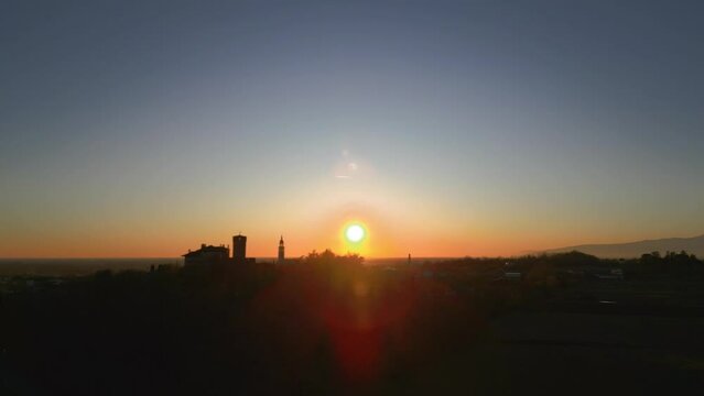 Sunset on the Friulian hills with a view of the Villalta castle. Fagagna.
