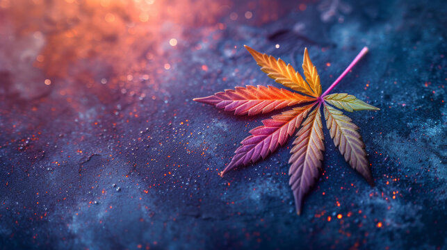 Cannabis indica leaf illuminated by a kaleidoscopic rainbow reflection. 4:20 day, cannabis liberalization and legalization concept. Growing medical marijuana.