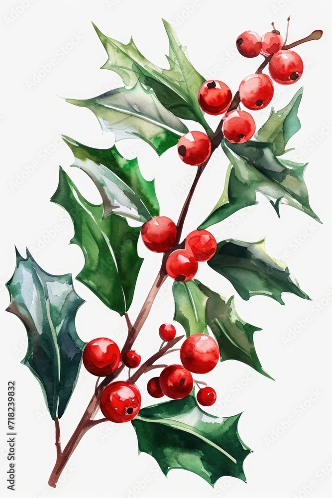 Poster a painting of a branch of holly with vibrant red berries. perfect for festive holiday decorations or
