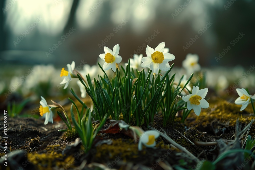Poster a beautiful bunch of white and yellow flowers in a field. perfect for adding a touch of nature to an