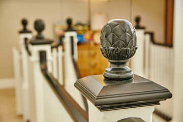 Artichoke Carved Wooden Newel Post in Luxury Home Interior