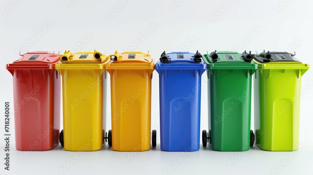 Poster a row of brightly colored trash cans lined up next to each other. this image can be used to represen