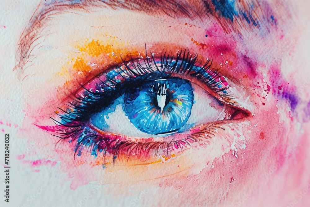 Poster A close-up view of a painting depicting a vibrant blue eye. This artwork can be used to add a touch of color and intrigue to various creative projects